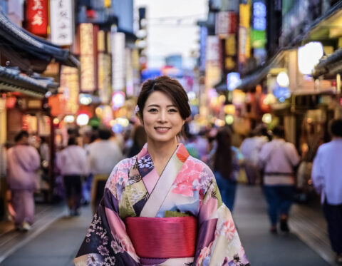 和服の日本人女性のいる街景1