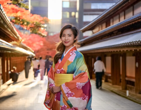 和服の日本人女性のいる街景2